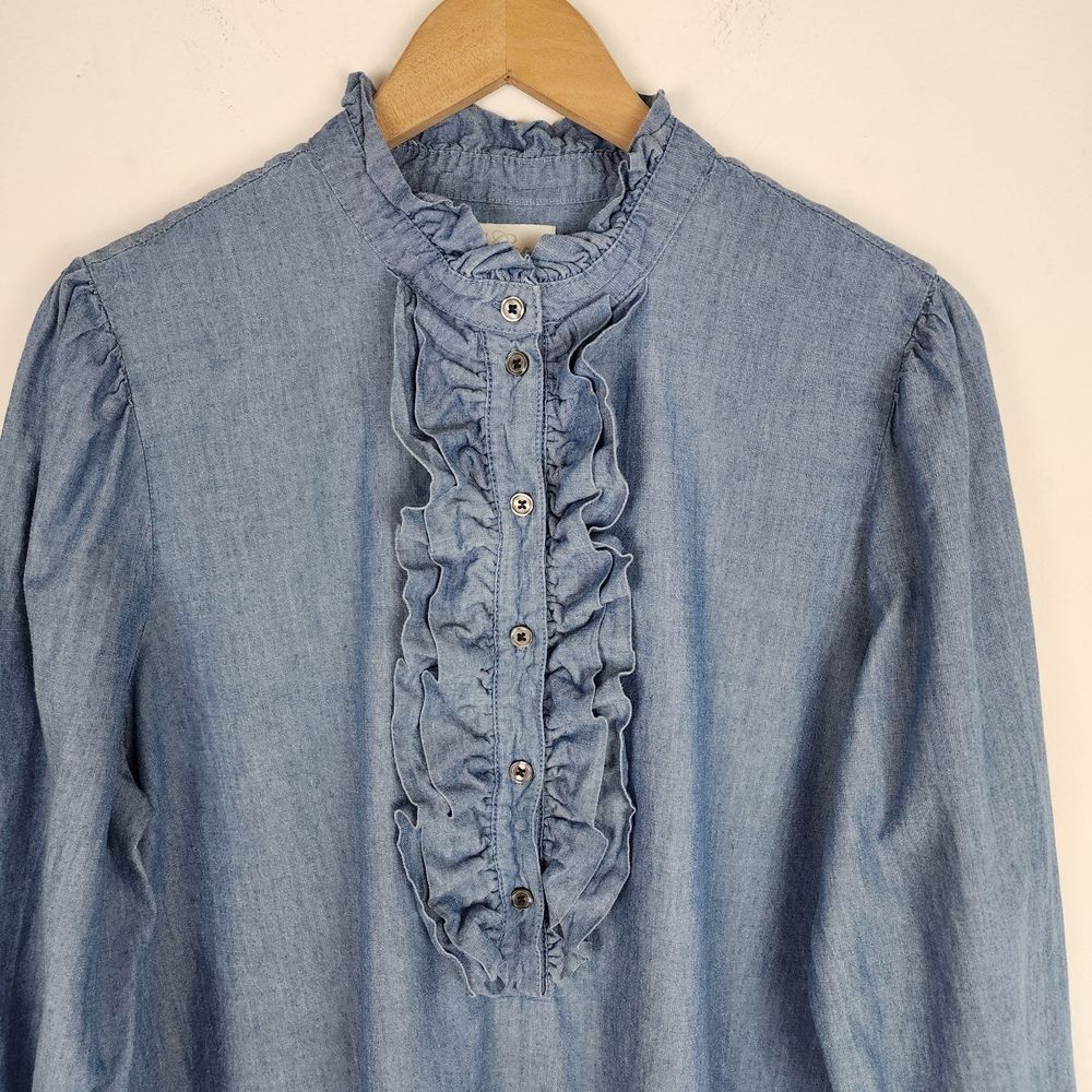J.Crew Ruffle Dress Chambray Blue 100% Cotton Long Sleeve Size L - Picture 13 of 14